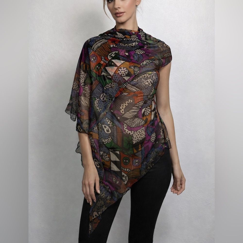 Peripherals Sheer Abstract Print Scarf Wrap Multicolor Vintage Chiffon